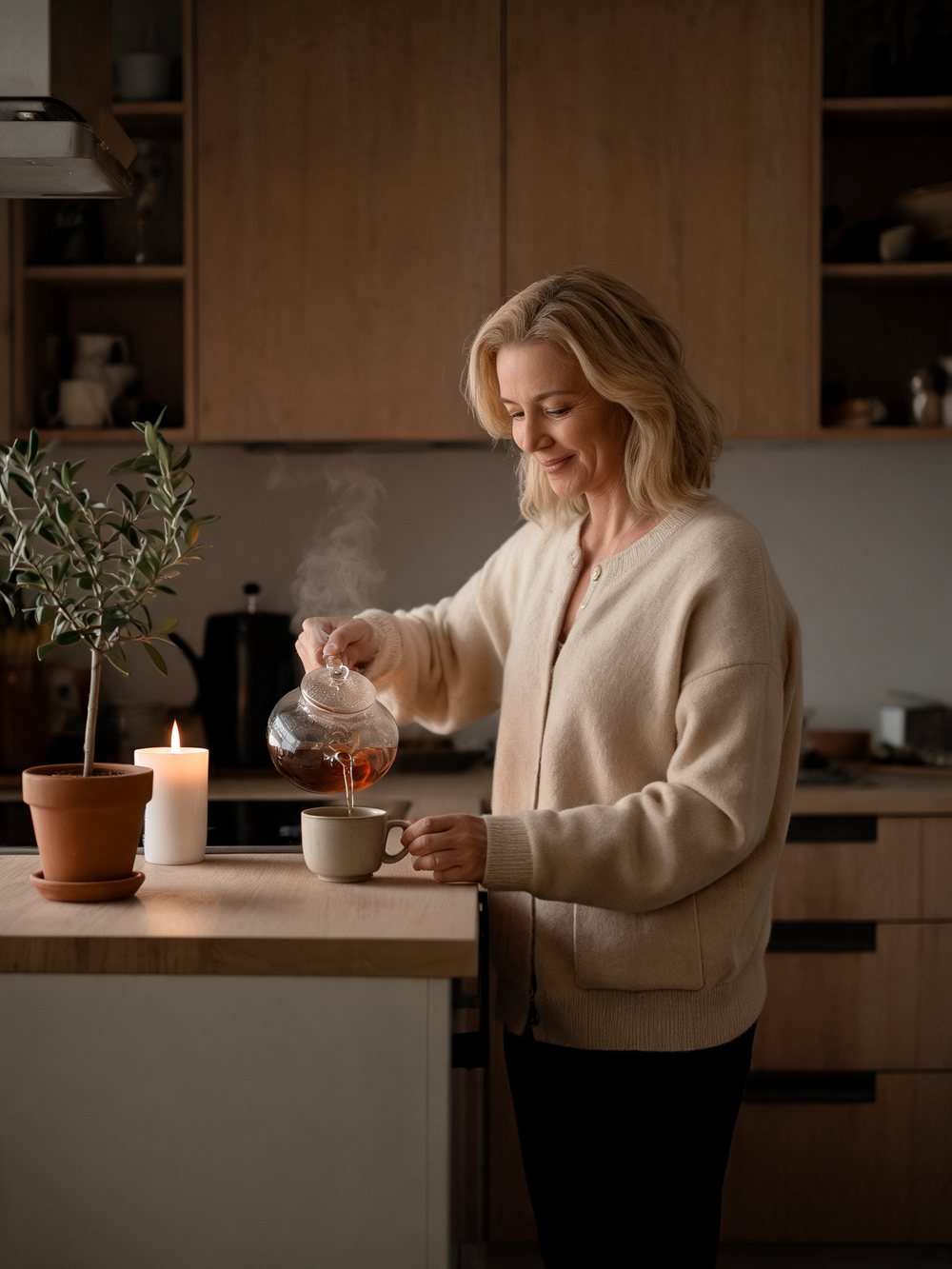 Kvinna som häller upp te på kvällen vid köksbänken, med olivträd och ett tänt ljus